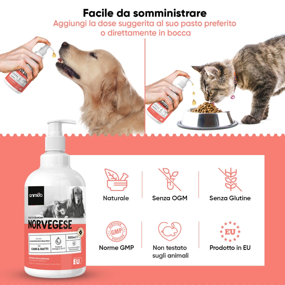 Olio Di Salmone Per Cani E Gatti 500 Ml Omega 3 6 E 9 Animigo